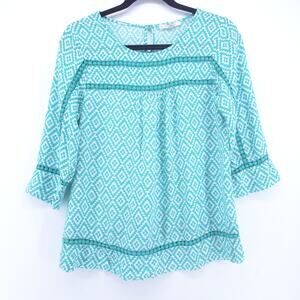 Bohemian Flowy Ikat Aztec Diamond Geometric Print 3/4 Sleeve Keyhole Back S